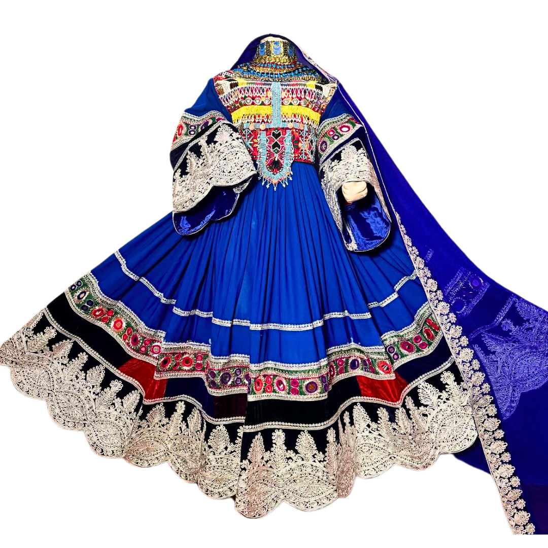 Traditional Afghan Women Long Blue and Silver Bridal Kochi Dress