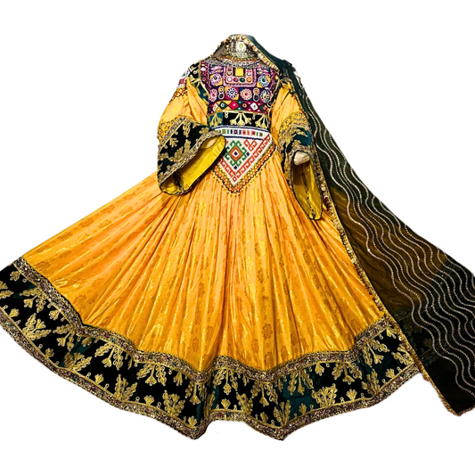 Traditional Afghan Women Yellow and Green Long Bridal Dress