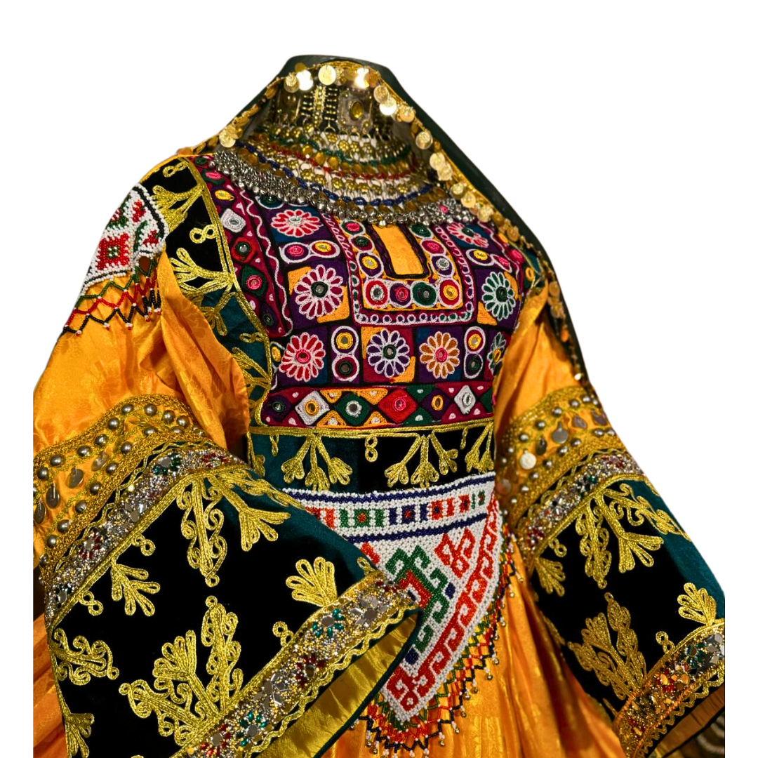 Traditional Afghan Women Yellow and Green Long Bridal Dress