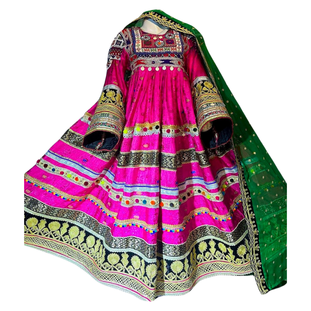 Traditional Afghan Bridal Long Pink Kochi Dress