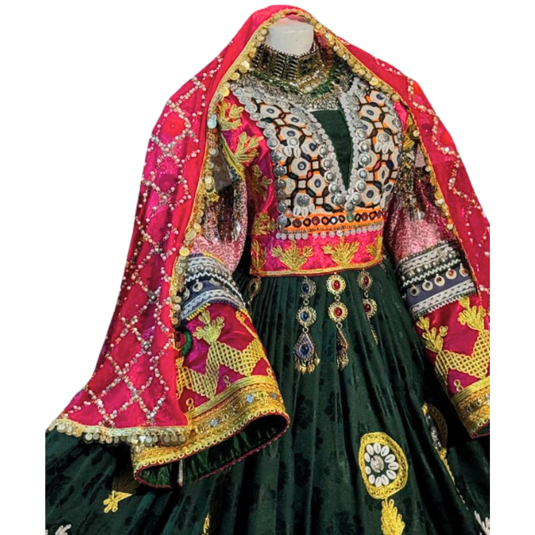 Traditional Afghan Women Bridal Long Green Kochi Dress with Waskat