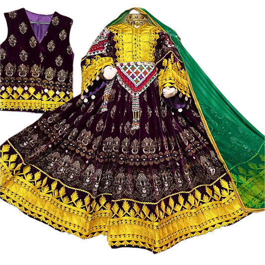 Traditional Afghan Bridal Long Velvet Gold Kochi Dress with Embroidered Waskat