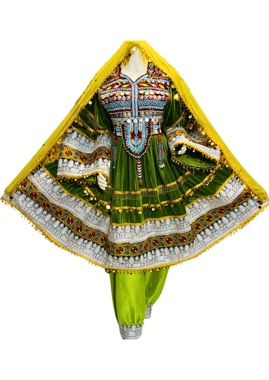 Traditional Afghan Women Short Bridal Green Kochi Dress