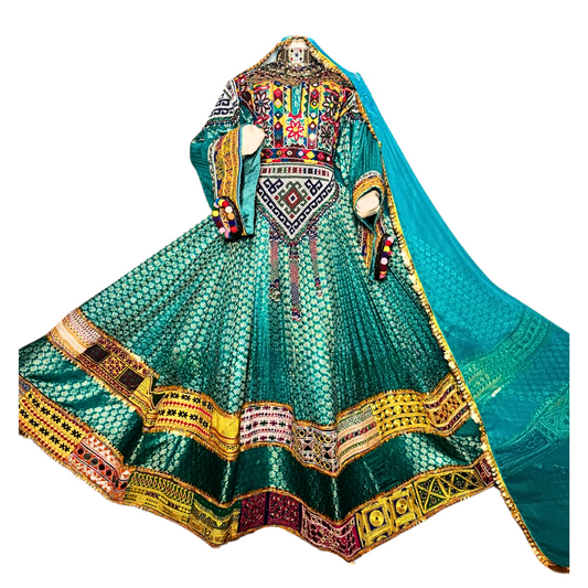 Traditional Afghan Women Gold and Blue Long Bridal Dress