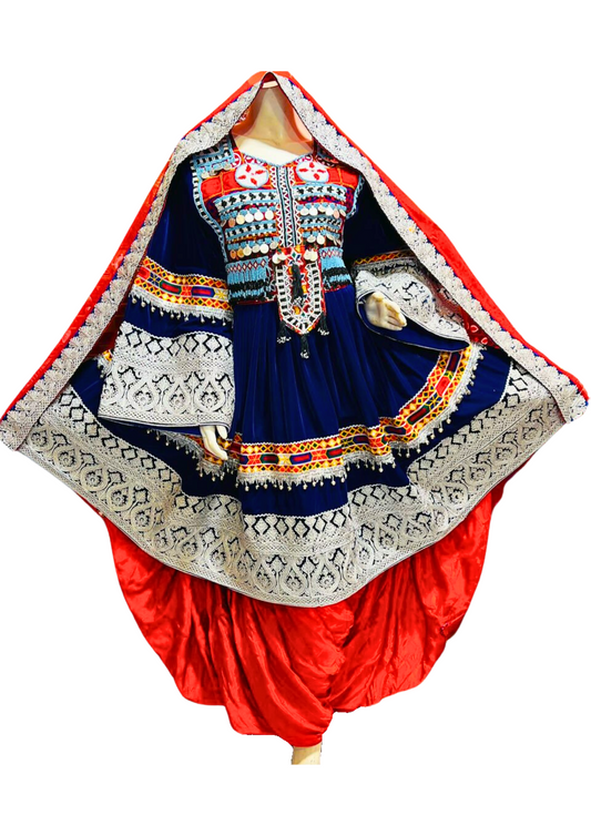 Traditional Afghan Women Short Blue Bridal Kochi Dress