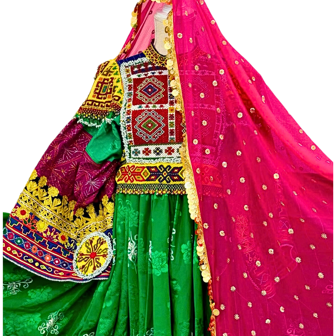 Traditional Afghan Women Long Bridal Green Kochi Dress