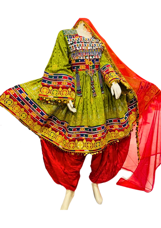 Traditional Afghan Women Green Short Bridal Dress