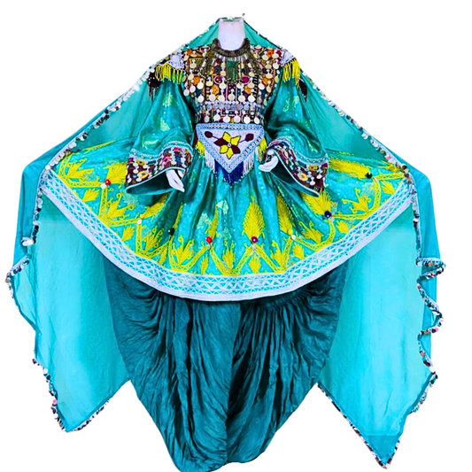 Traditional Afghan Women Blue Bridal Short Dress