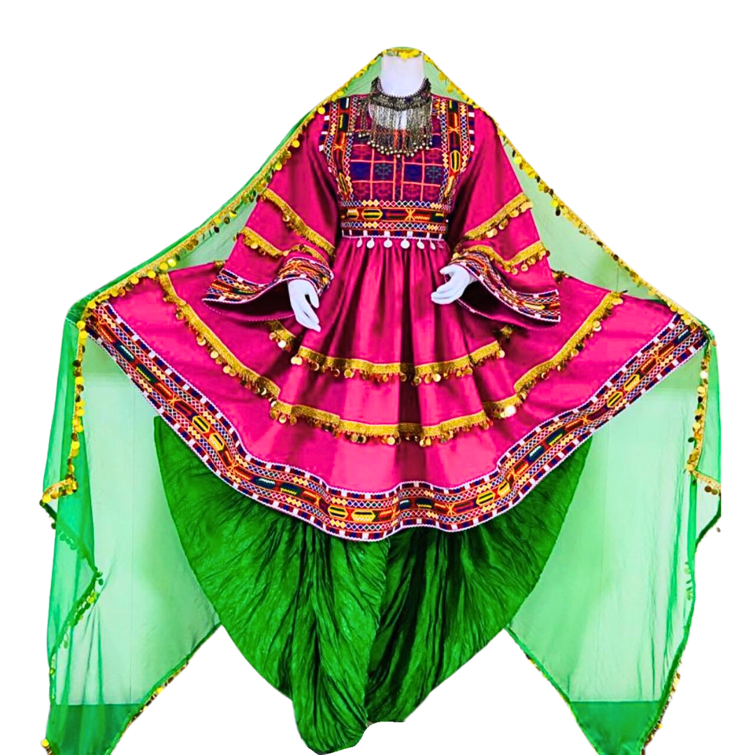 Traditional Afghan Women Simple Short Pink and Green Dress