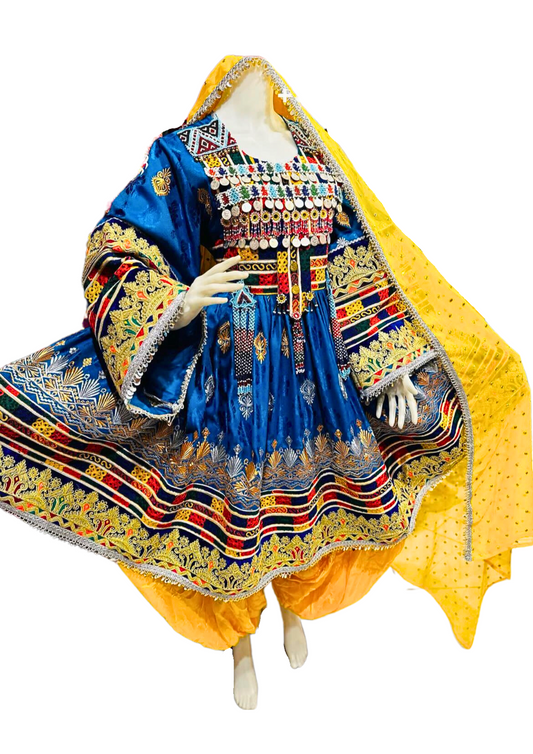 Traditional Afghan Women Short Blue Kochi Dress