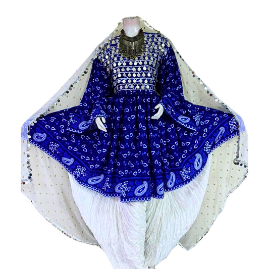 Traditional Afghan Women Simple Short Blue and White Dress