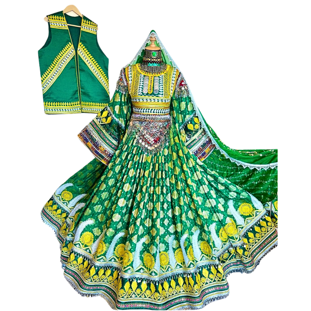 Traditional Afghan Women Bridal Long Green Dress with Waskat