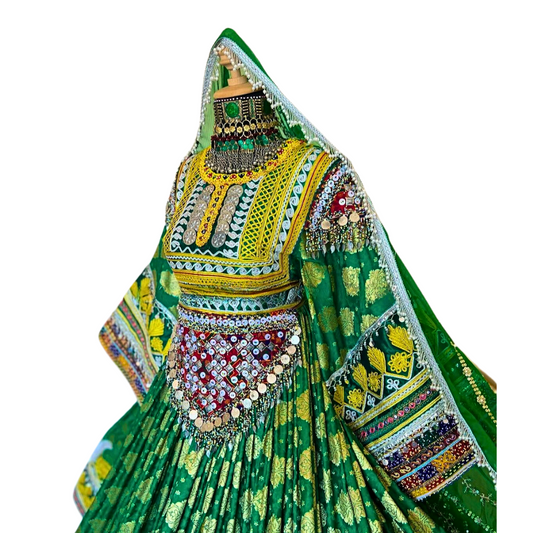 Traditional Afghan Women Bridal Long Green Dress with Waskat