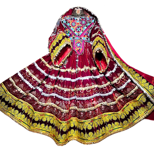 Traditional Afghan Women Bridal Long Red and Gold Kochi Dress