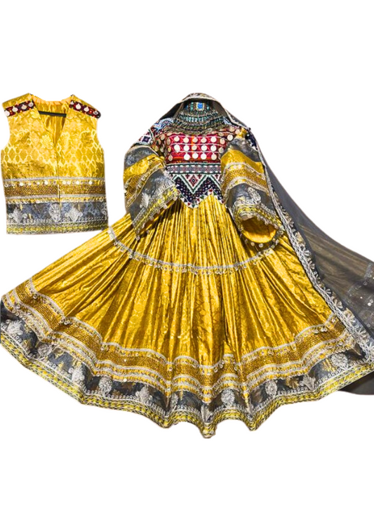 Traditional Afghan Bridal Yellow Long Kochi Dress with Waskat