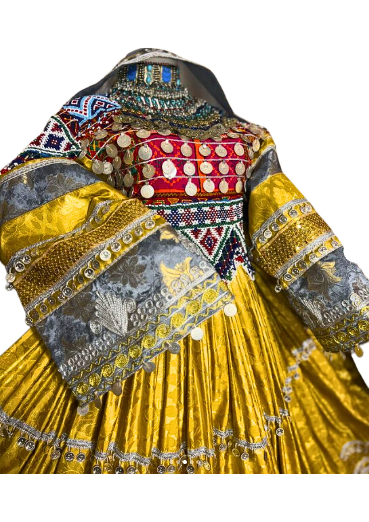 Traditional Afghan Bridal Yellow Long Kochi Dress with Waskat