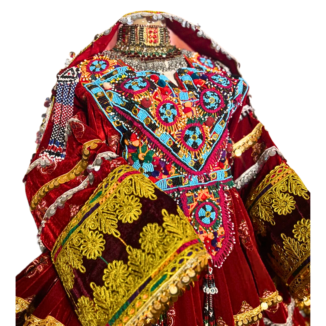 Traditional Afghan Women Bridal Long Red and Gold Kochi Dress