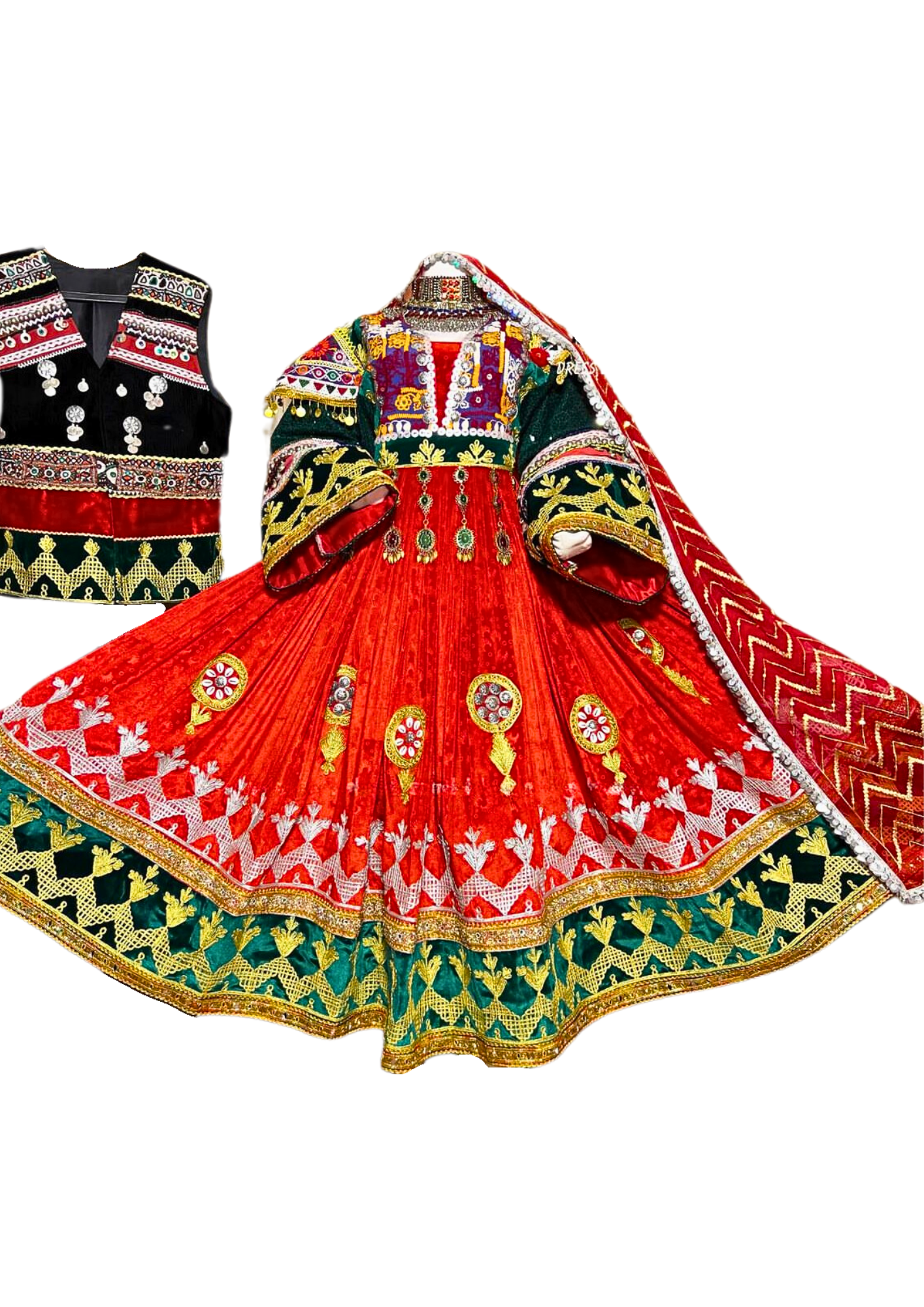 Traditional Afghan Bridal Red Long Kochi Dress with Embroidered Waskat