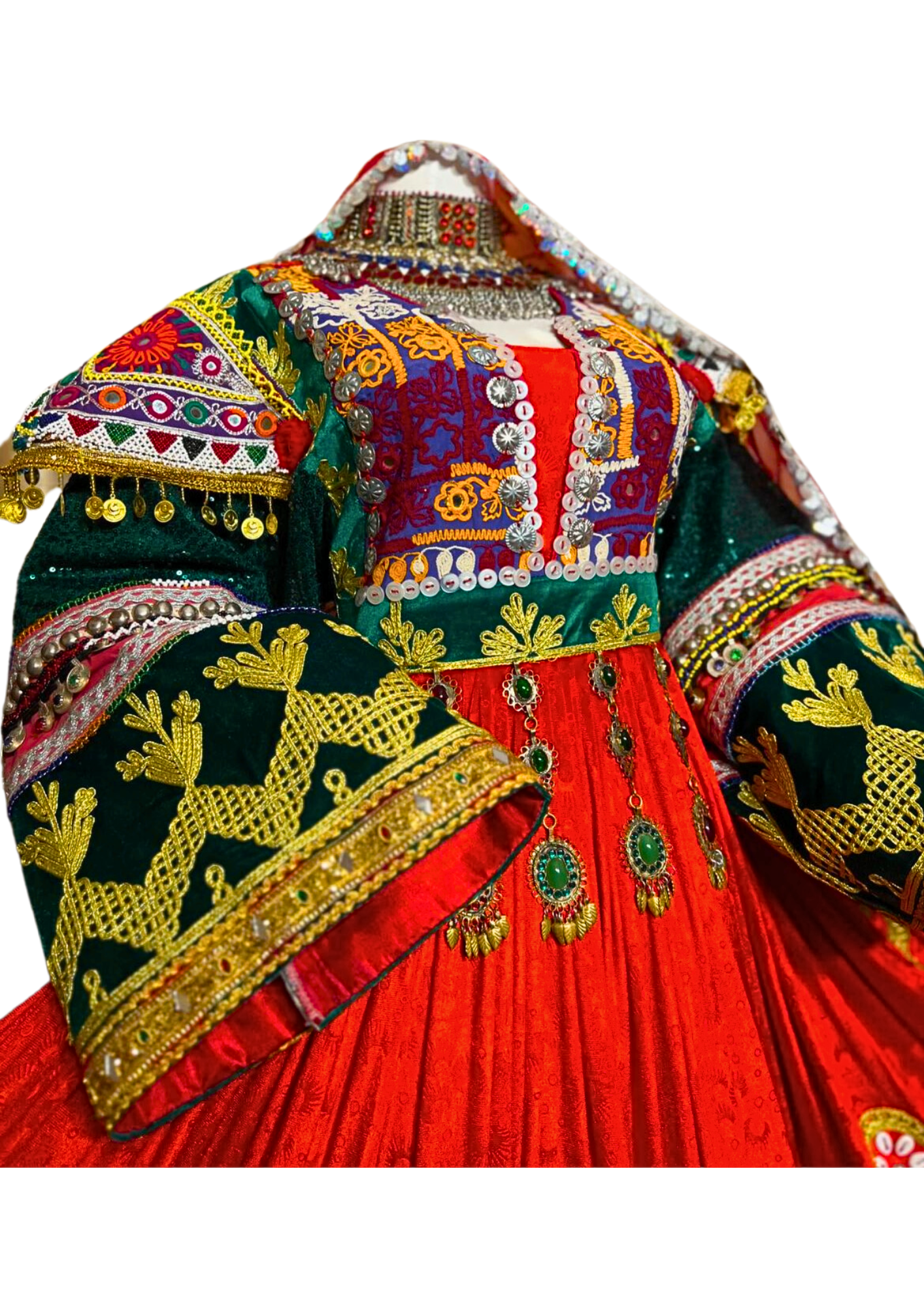 Traditional Afghan Bridal Red Long Kochi Dress with Embroidered Waskat