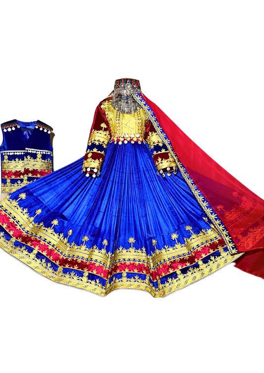 Traditional Afghan Bridal Blue Long Kochi Dress with Waskat