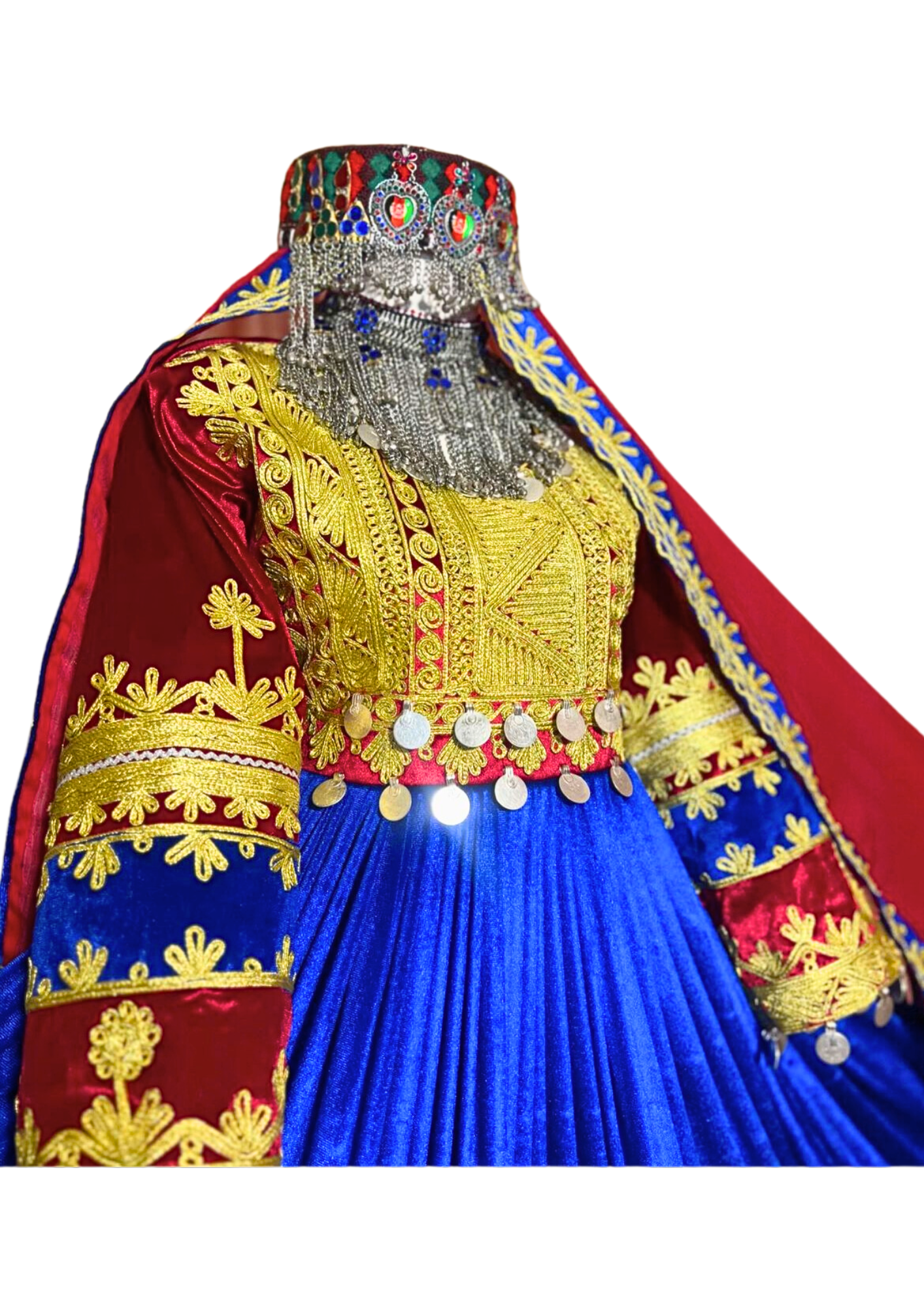 Traditional Afghan Bridal Blue Long Kochi Dress with Waskat