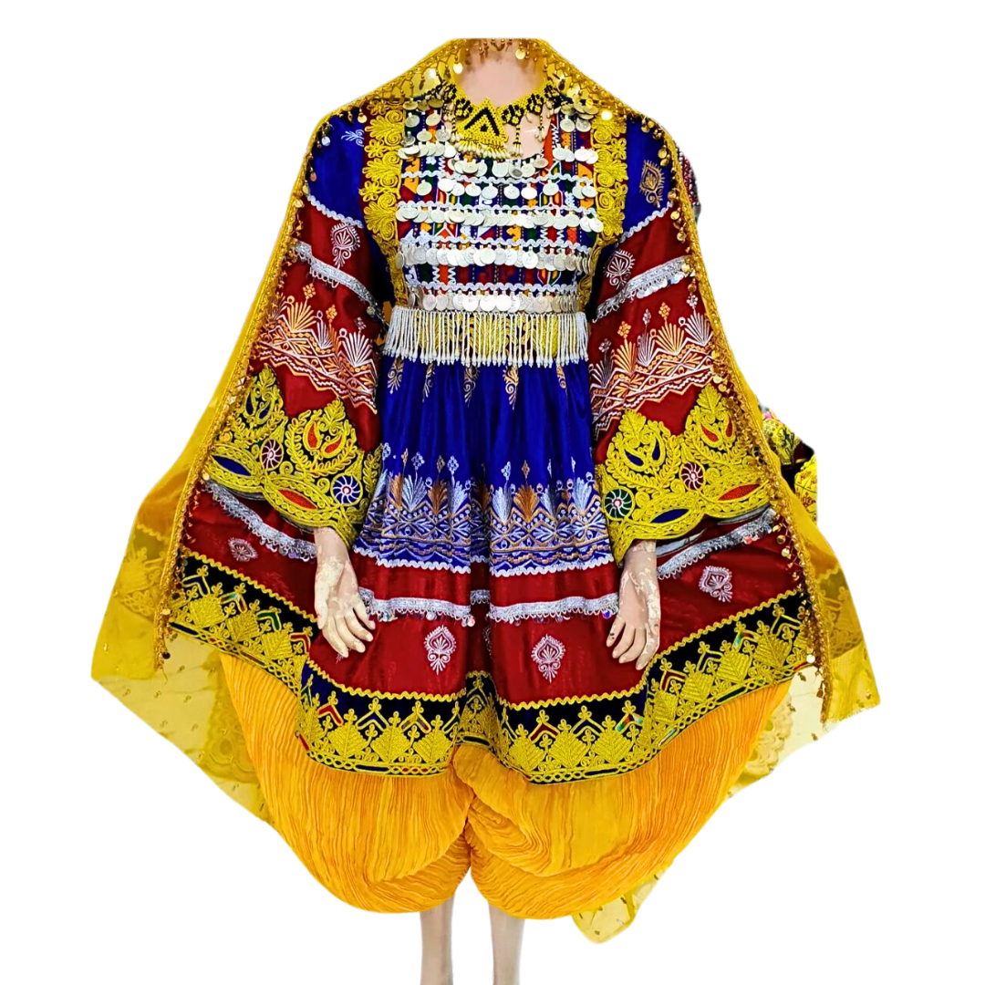 Traditional Afghan Bridal Short Blue and Yellow Kochi Dress