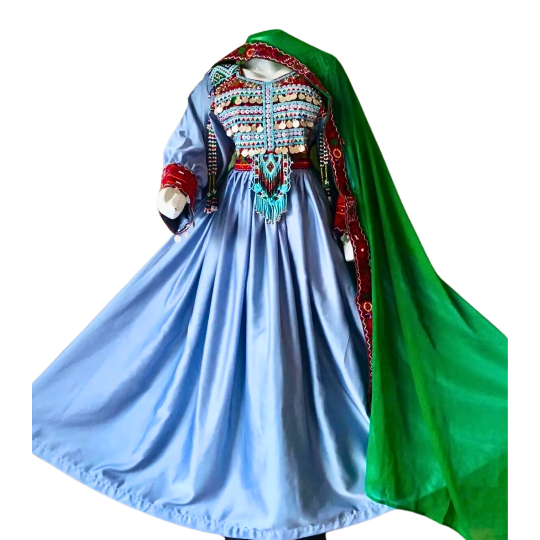 Traditional Afghan Women Long Blue Simple Dress