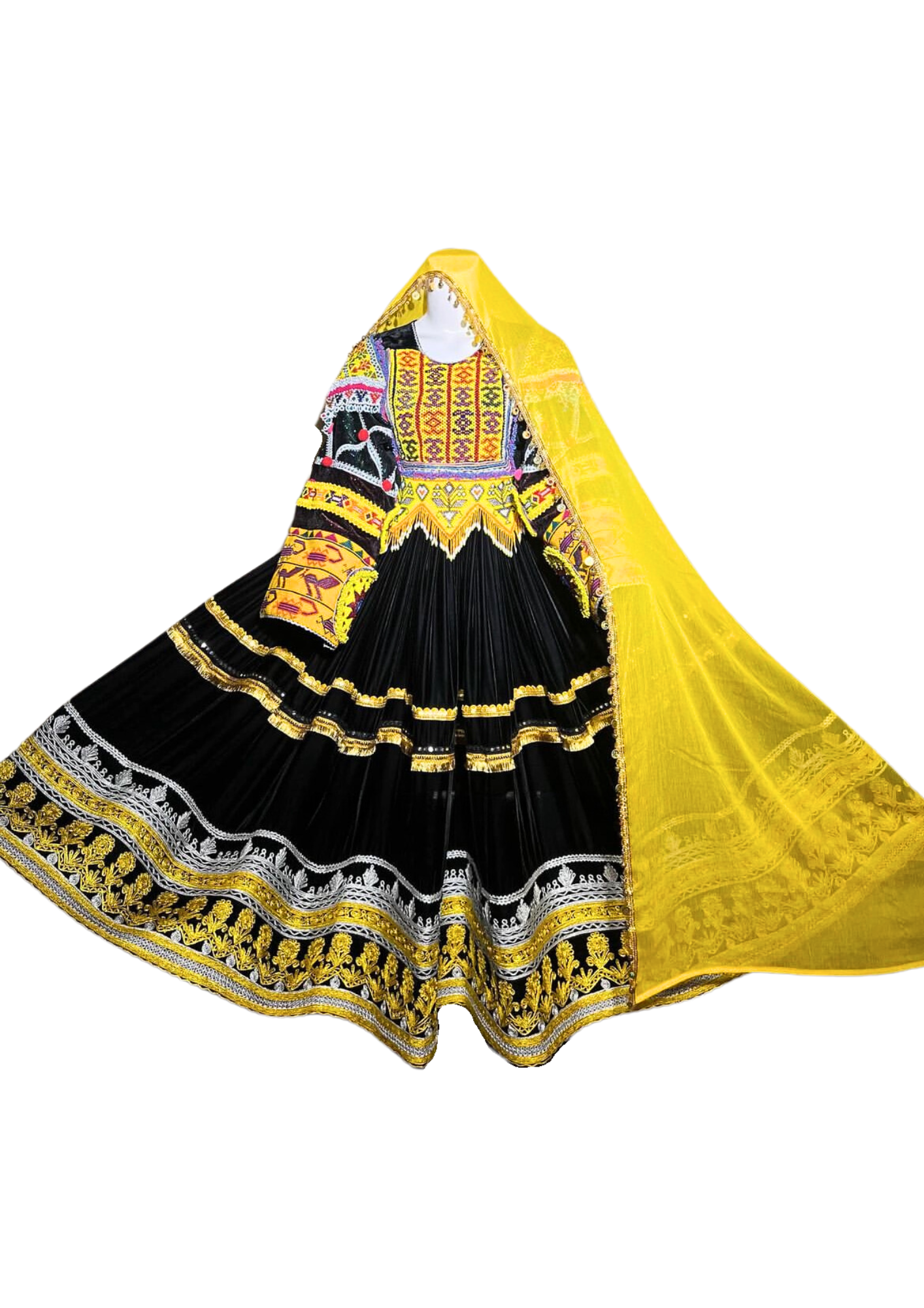 Traditional Afghan Women Long Yellow Bridal Kochi Dress