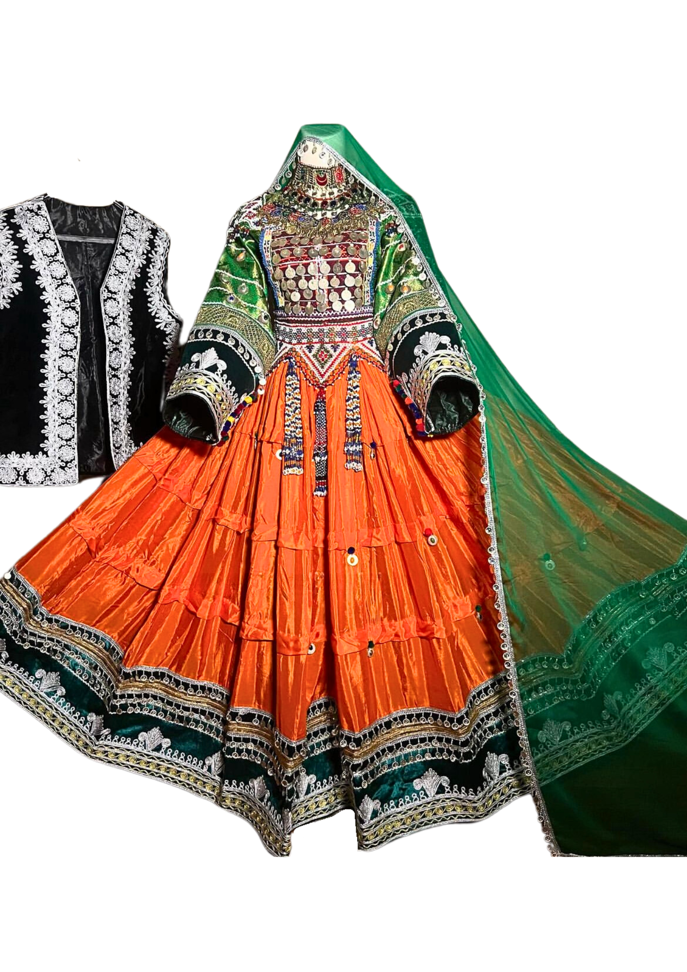 Traditional Afghan Bridal Long Orange and Green Kochi Dress with Embroided Waskat