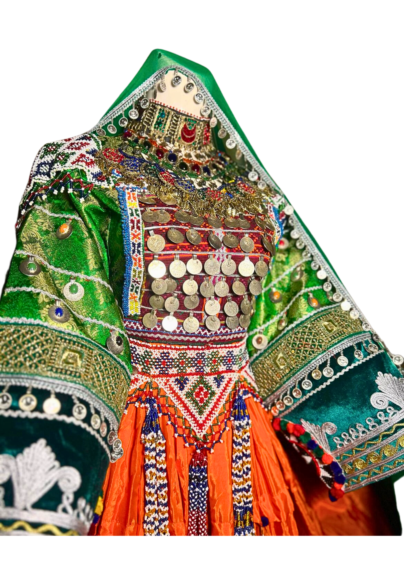 Traditional Afghan Bridal Long Orange and Green Kochi Dress with Embroided Waskat