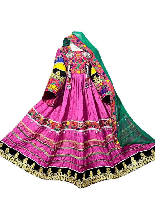 Traditional Afghan Women Long Simple Pink Bridal Kochi Dress