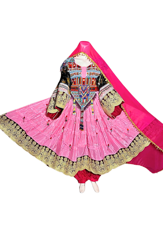 Traditional Afghan Women Long PINK Bridal Kochi Dress