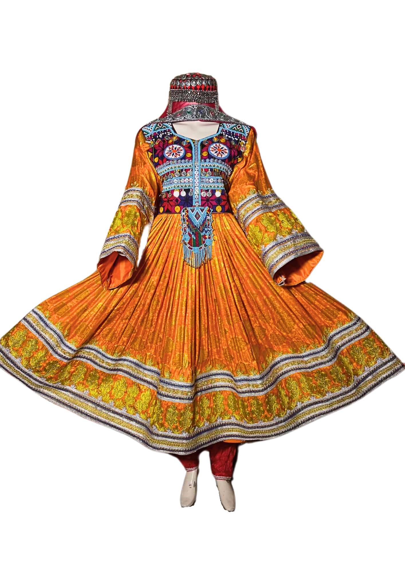 Traditional Afghan Women Long Orange Bridal Kochi Dress