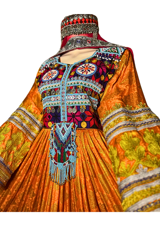 Traditional Afghan Women Long Orange Bridal Kochi Dress