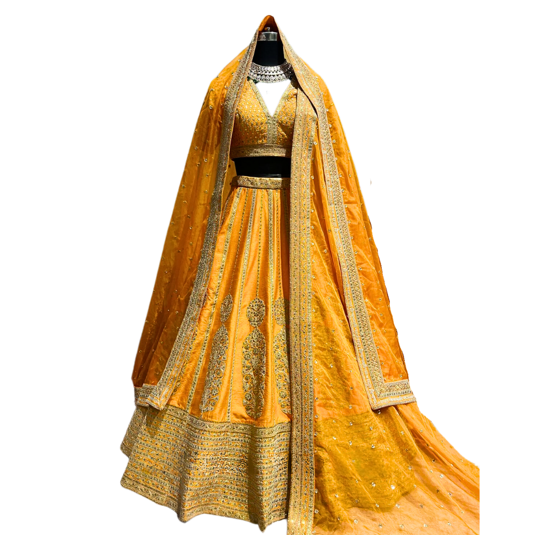 Traditional Indian Bridal Orange Lehenga with 2 Dupattas