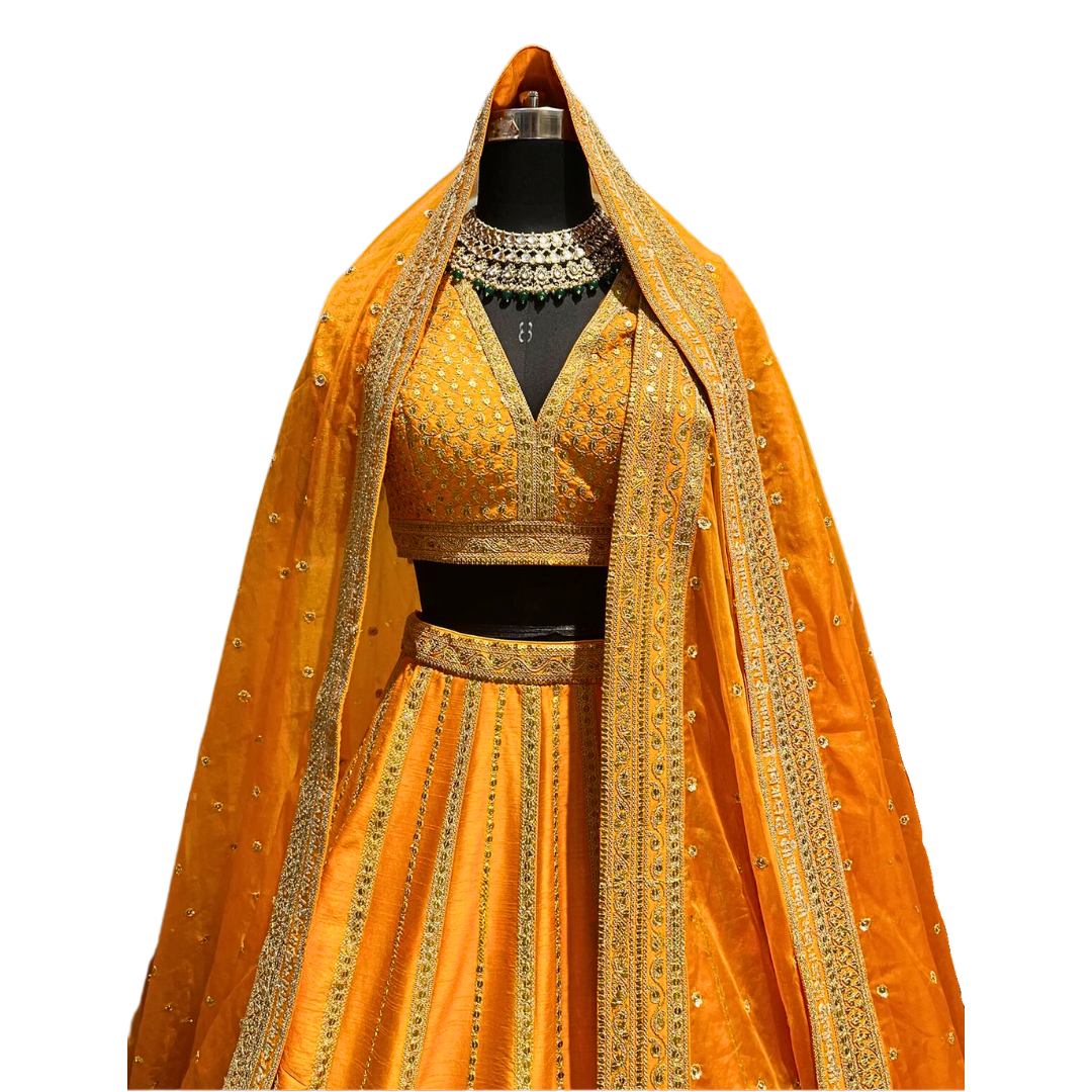 Traditional Indian Bridal Orange Lehenga with 2 Dupattas