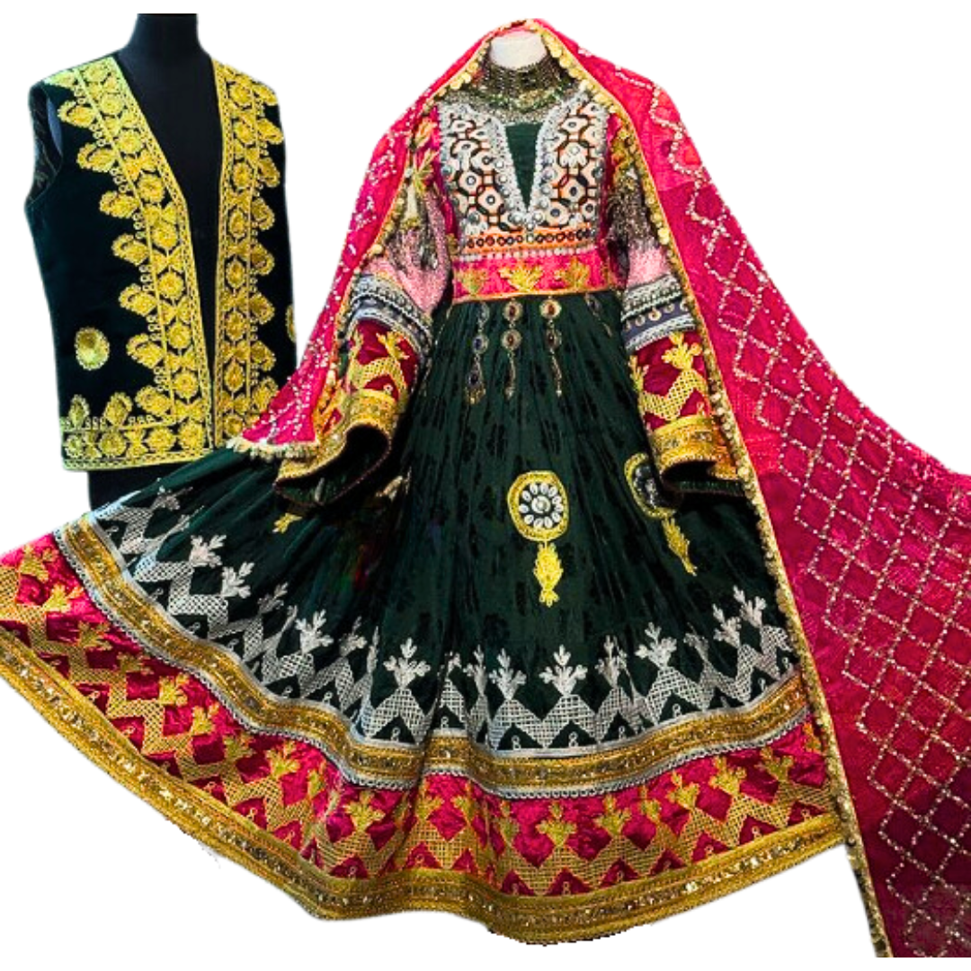 Traditional Afghan Women Bridal Long Green Kochi Dress with Waskat