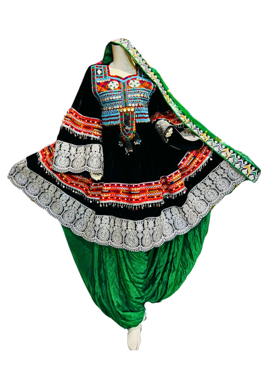 Traditional Afghan Women Black Short Bridal Kochi Dress