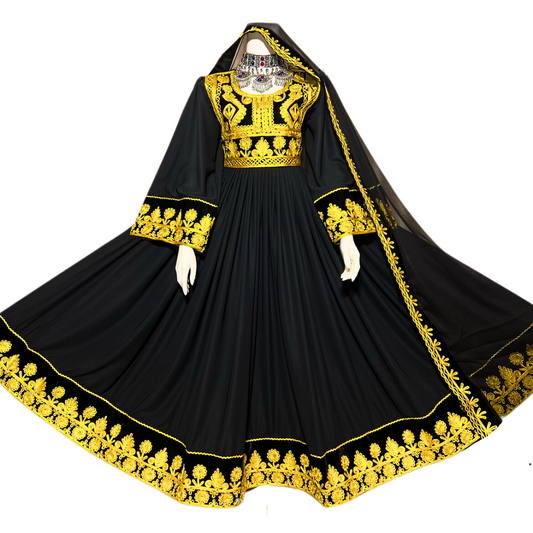 Traditional Afghan Black and Gold Long Simple Kochi Dress