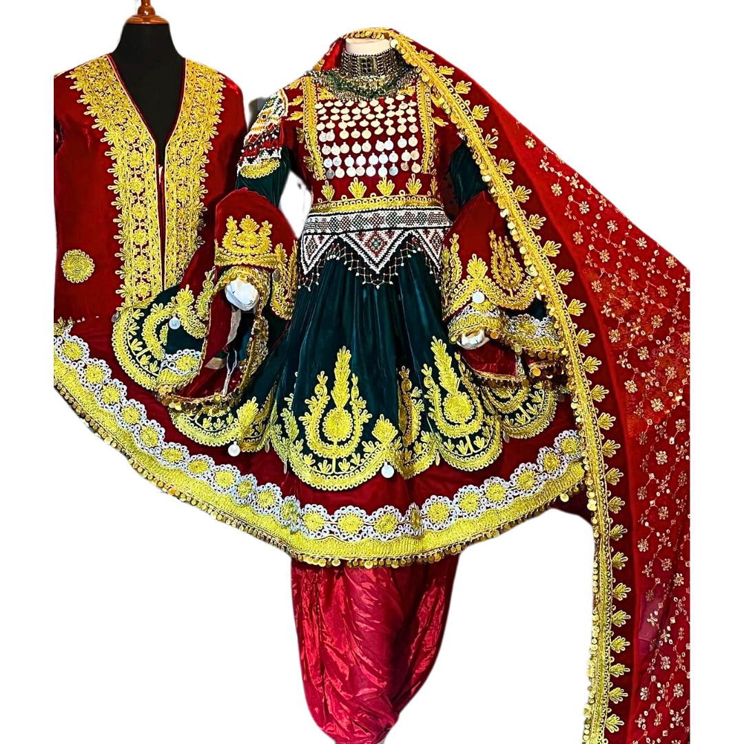 Traditional Afghan Bridal Short Red Velvet Kochi Dress with Waskat