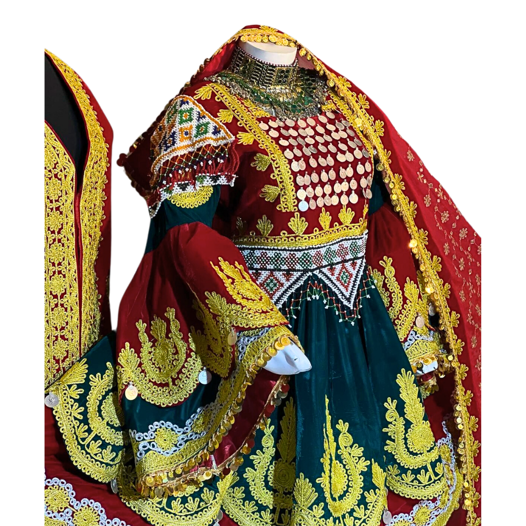 Traditional Afghan Bridal Short Red Velvet Kochi Dress with Waskat