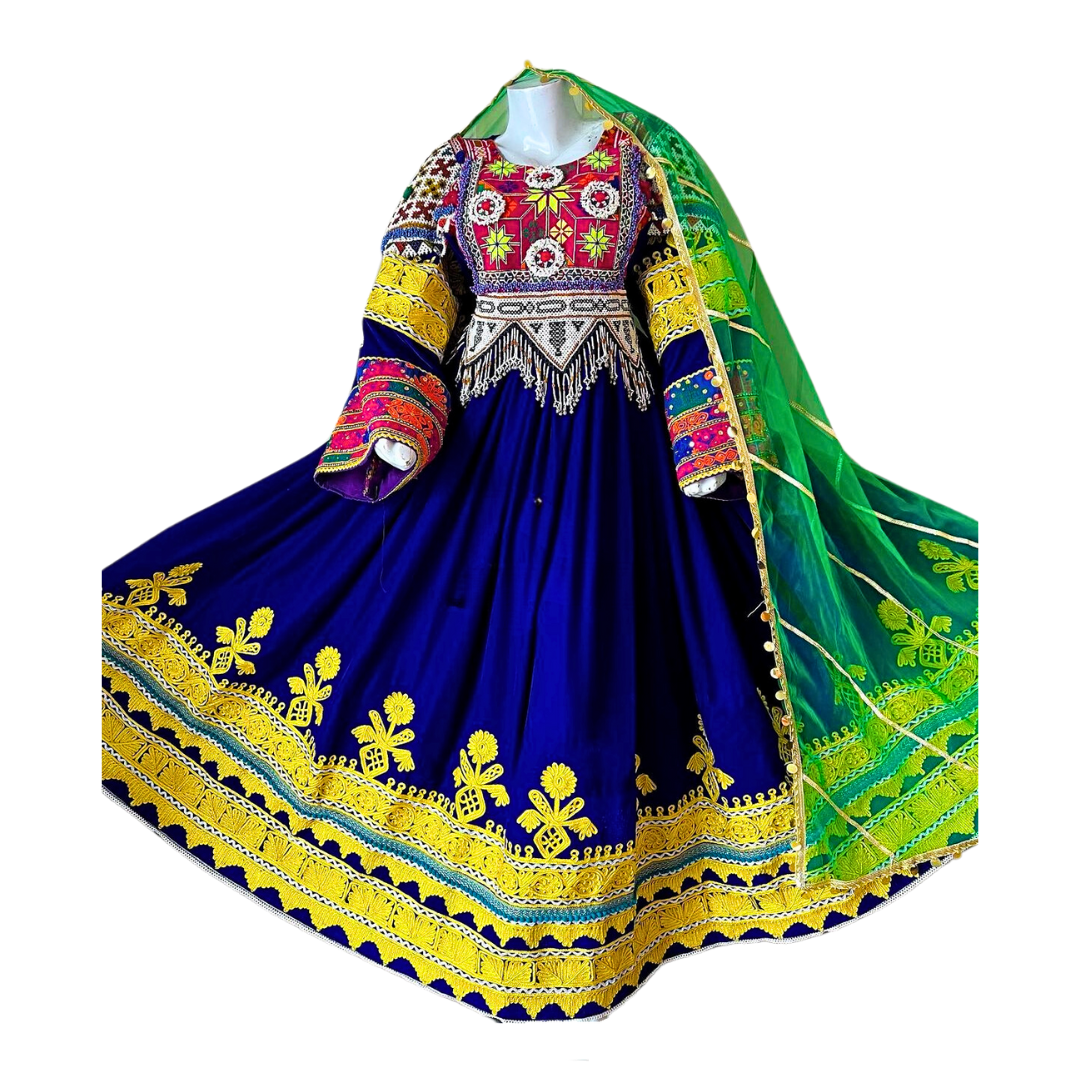 Traditional Afghan Bridal Long Velvet Blue Kochi Dress