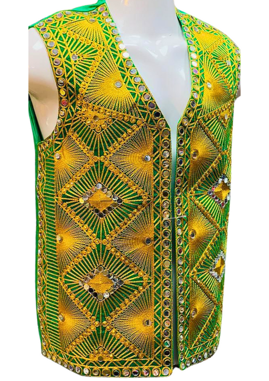 Traditional Afghan Groom Green and Gold Waist Coat