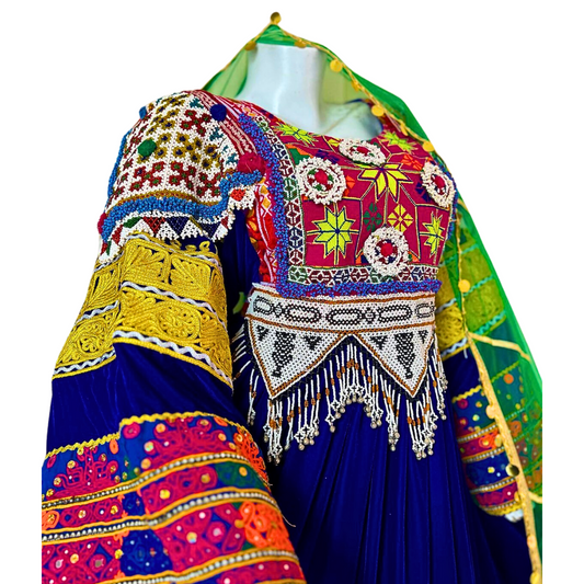 Traditional Afghan Bridal Long Velvet Blue Kochi Dress