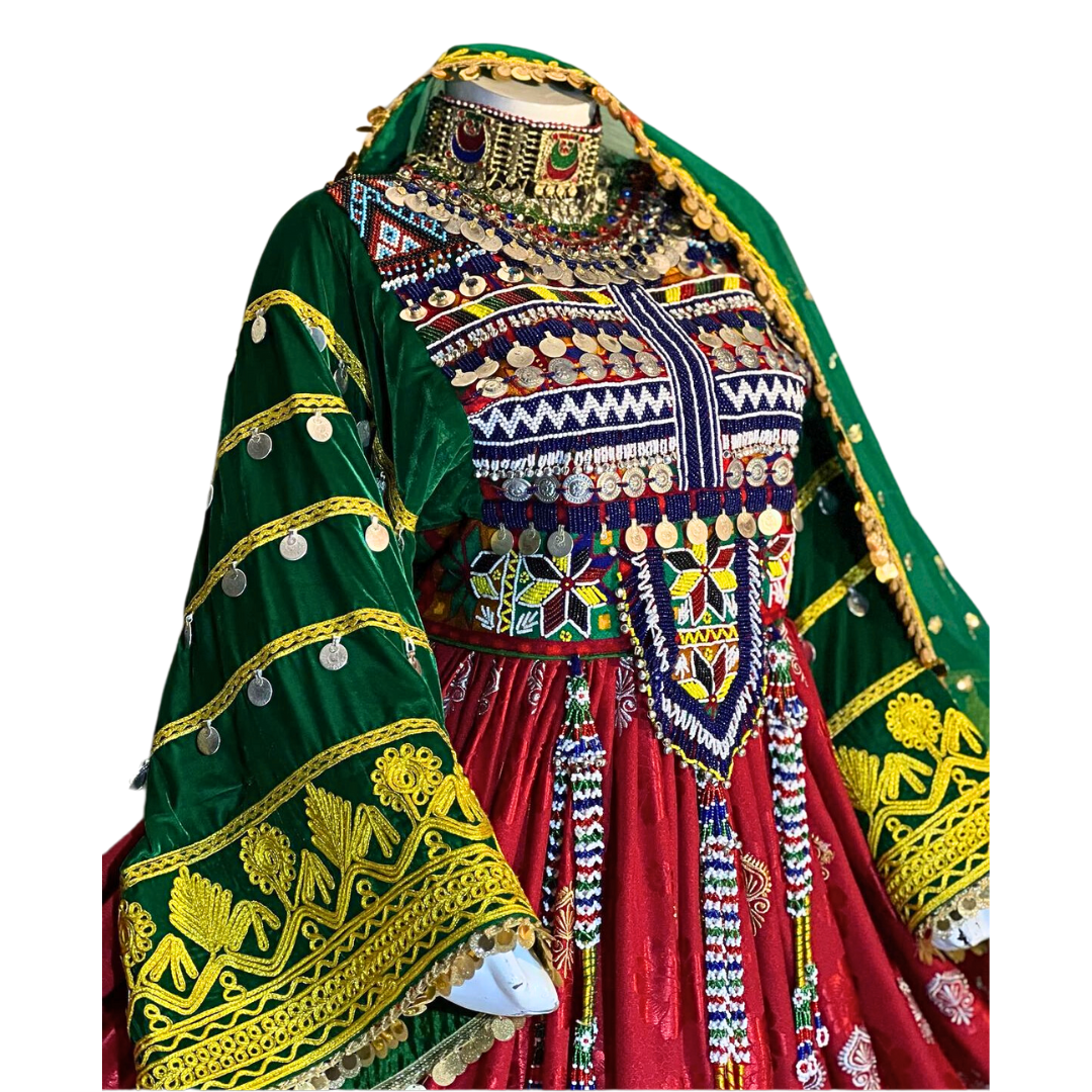 Traditional Afghan Bridal Long Red Velvet Kochi Dress with Waskat