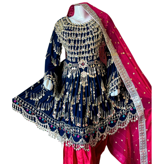 Traditional Afghan Bridal Short Blue and Pink Dress