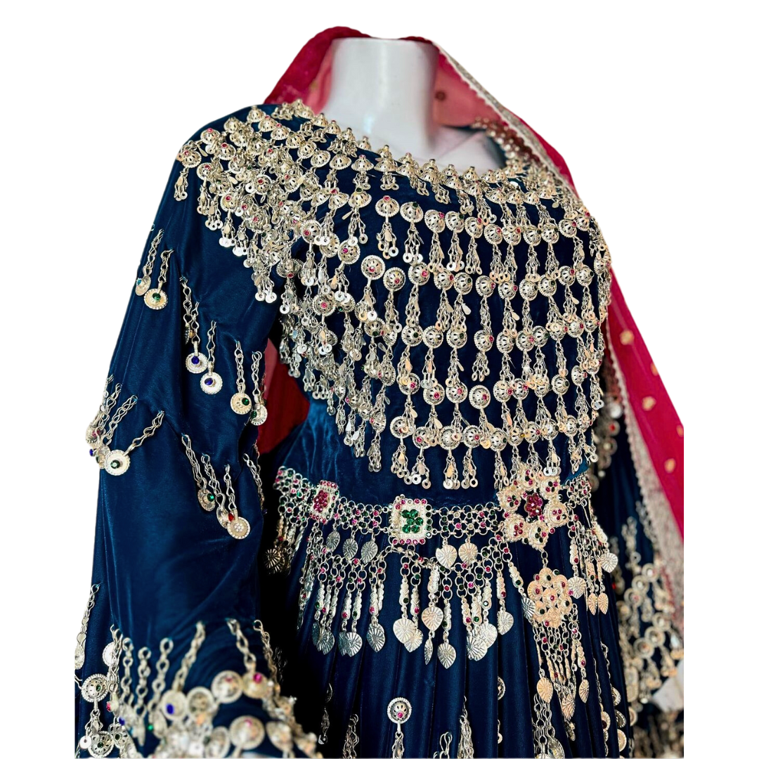 Traditional Afghan Bridal Short Blue and Pink Dress