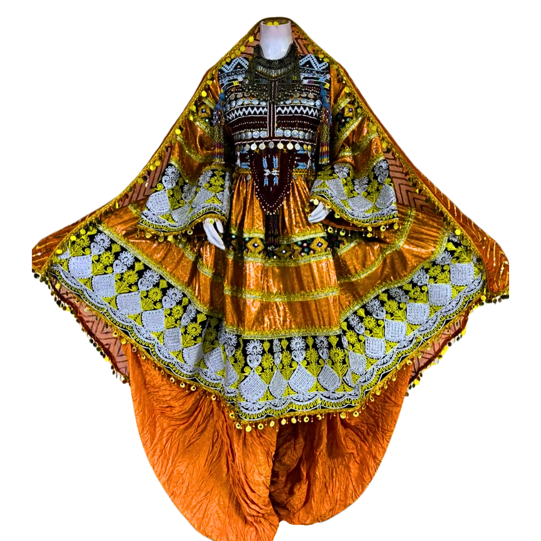 Traditional Afghan Women Short Orange Bridal Kochi Dress