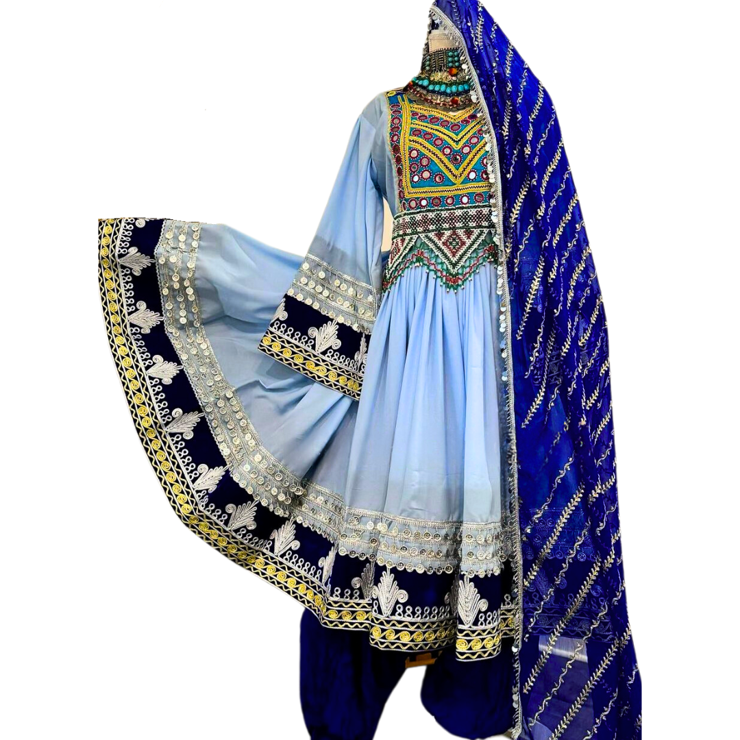 Traditional Afghan Women Short Simple Blue Dress