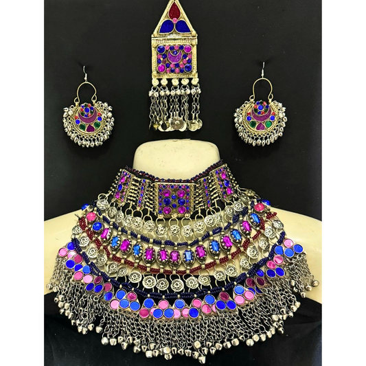 Traditional Vintage Bridal Afghan Jewellery Pink and Blue Full Set